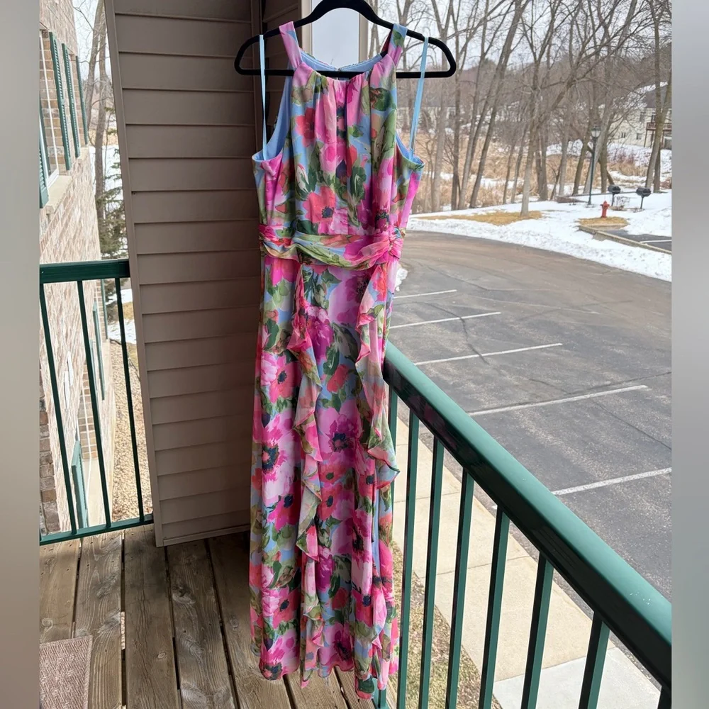 🆕 Xscape Floral Chiffon Halter Maxi Dress Size 12 Pink Blue Ruffle Formal Gown - Picture 4 of 17
